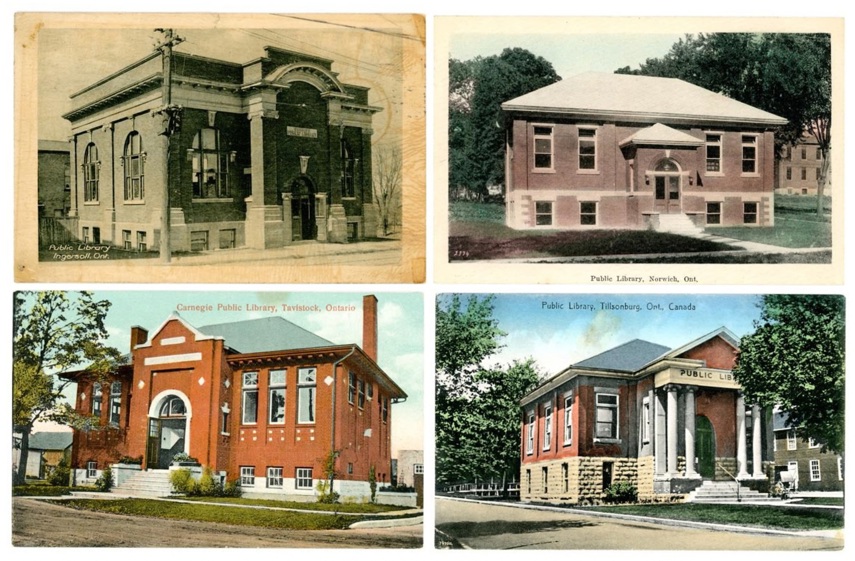 Four vintage postcards of library buildings.