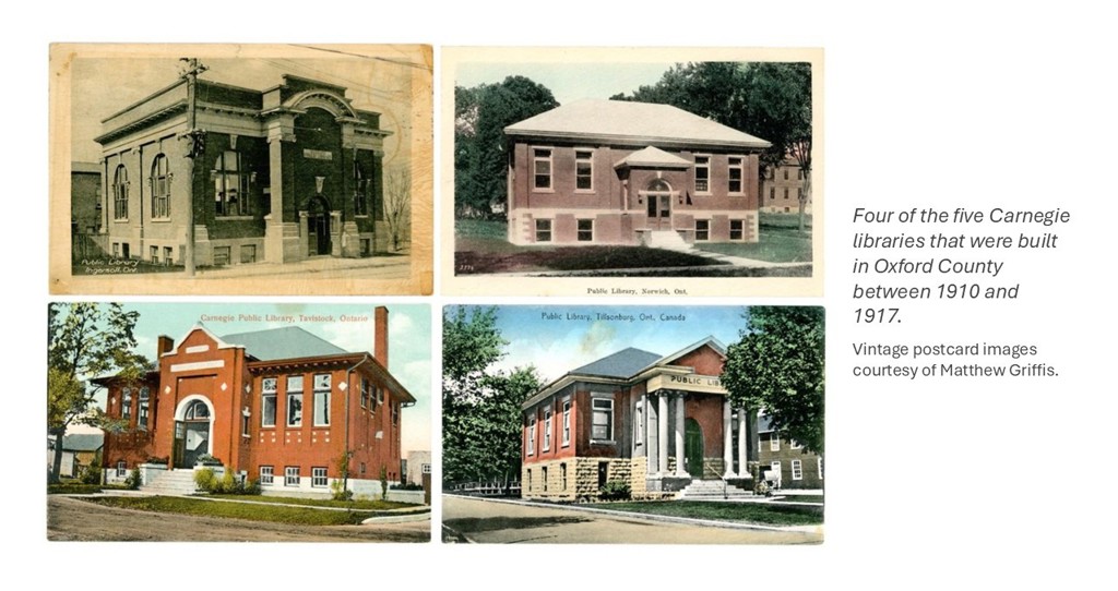 Four vintage postcards of Carnegie libraries.